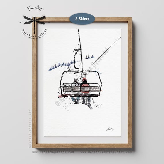 Couple of Skiers in Chairlift Watercolor Art Print, Skilift Anniversary or Wedding Gift | San Valentine Day, Love Prints Personalized Art