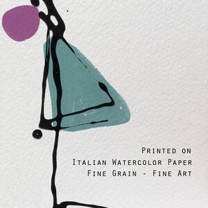 May include: Abstract art print featuring a black ink figure with a purple circle and a teal triangle on a white background. The text "PRINTED ON ITALIAN WATERCOLOR PAPER FINE GRAIN - FINE ART" is printed in black.