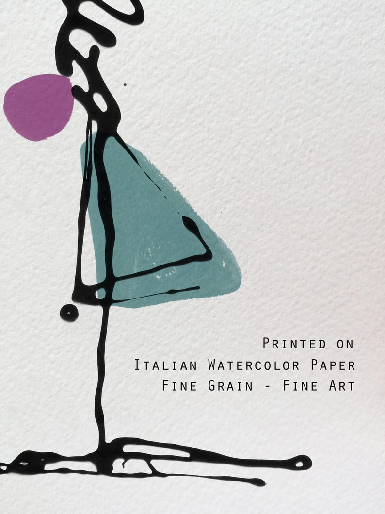 May include: Abstract art print featuring a black ink figure with a purple circle and a teal triangle on a white background. The text "PRINTED ON ITALIAN WATERCOLOR PAPER FINE GRAIN - FINE ART" is printed in black.