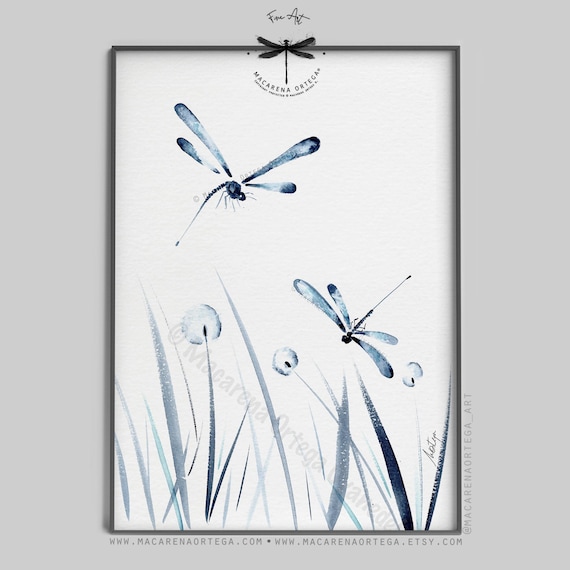 Blue Dragonfly Watercolor, Art Print, Dragonfly Wall Decor, Botanical Nature Painting, Cottagecore Home Decor, Art by Macarena Ortega | N121