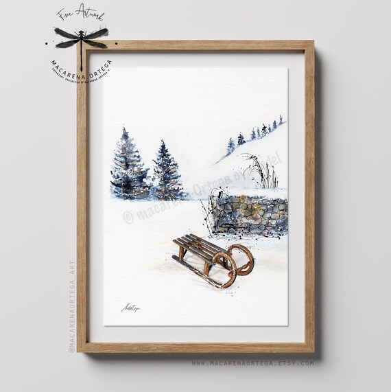 Old Sled Watercolor Art Print | Wooden Sled Vintage | Art Ski Painting | Snowy Landscape Outdoor | Sport Skier |  by Macarena Ortega |  N43