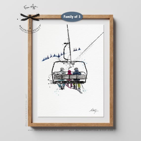 Mom, Dad and Child in chairlift, Family of 3  Watercolor Art Print | Ski Lift Artwork | Skiers and Snowboarders Wall Art | Ski Resort Decor