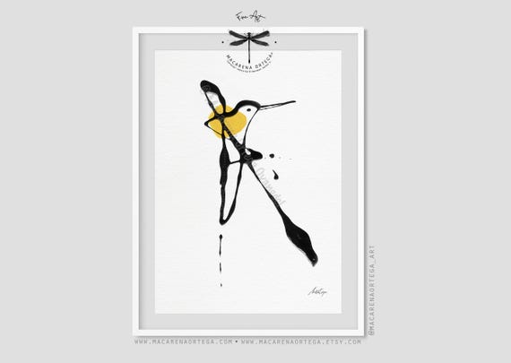 Hummingbird Art Print | Minimalist Bird Illustration, Modern Nursery Wall Art, Scandinavian Style, Nature Decor in Yellow and Black | N38