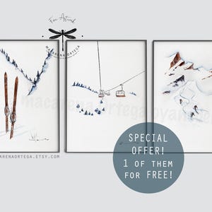 Watercolor Ski Art SET of 3 Prints 1 of them for Free!! Special Offer Mountain home winter decor ski art prints ski wall art Christmas gift