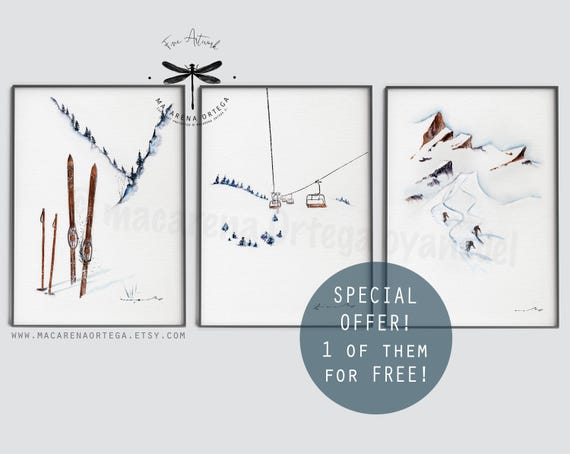 Watercolor Ski Art SET of 3 Prints 1 of them for Free!! Special Offer Mountain home winter decor ski art prints ski wall art Christmas gift