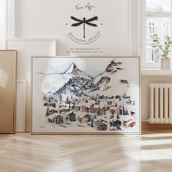 Zermatt Matterhorn Village Watercolor Art Print | Apres-Ski Art | Switzerland  Italy Alps Chairlift Ski Resort | Skiing Decor Prints | N66