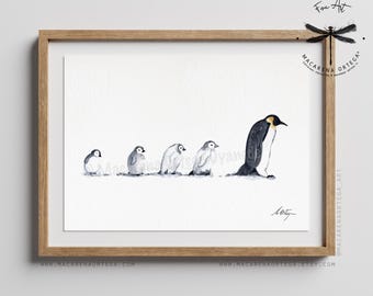 Penguin Mother and Babies, Watercolor Art Print, Arctic Wildlife Artwork, Minimalist Nordic Animal Wall Art, by Macarena Ortega | N87