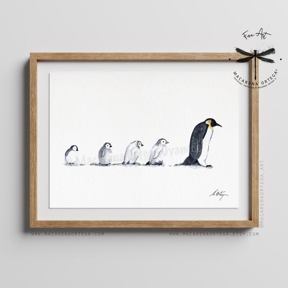 Penguin Mother and Babies, Watercolor Art Print | Minimalist Nordic Animal Family Decor, Arctic Wildlife Nursery Wall Art | N87