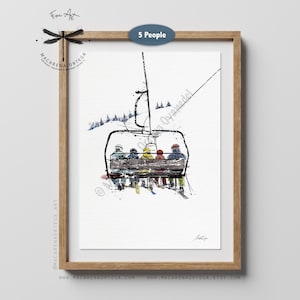 Family on Chairlift – Watercolor Ski Lift Art Print | Skiers and Snowboarders Artwork | Winter Sports Ski Resort Wall Decor, Xmas Gift