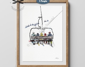Familia de 5 en un telesilla, lámina artística en acuarela / Ilustración de esquiadores y practicantes de snowboard / Decoración de pared para estación de esquí, regalo de Navidad / N94