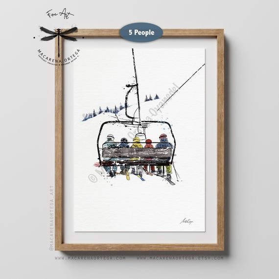 Family of 5 on Chairlift – Watercolor Ski Lift Art Print | Skiers and Snowboarders Artwork | Winter Sports Ski Resort Wall Decor, Xmas Gift