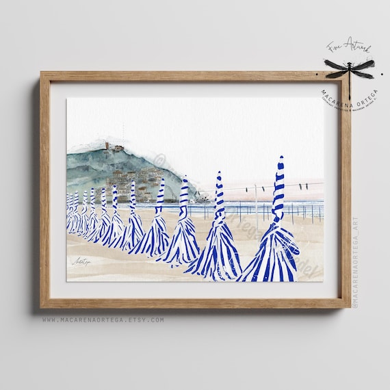 Ondarreta Beach Watercolor Art Print | San Sebastián Donostia Basque Coastal Decor Spain Wall Art Print | Artwork by Macarena Ortega | N119