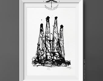Op de afbeelding: Een ingelijste zwart-wit inkttekening met een gestileerde architecturale structuur met vier hoge, puntige torens gemaakt met expressieve verfdruppels en spetters. Het kunstwerk bevat de tekst Fine Art en Macarena Ortega.