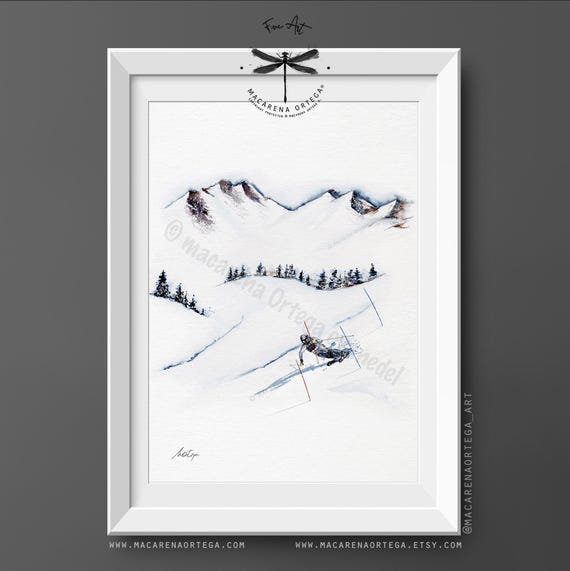 Professional Skier Watercolor Art Print | Ski Art Print | Ski Competition Painting | Ski Lovers Snowy Sport Artwork | Skiing Print | N62