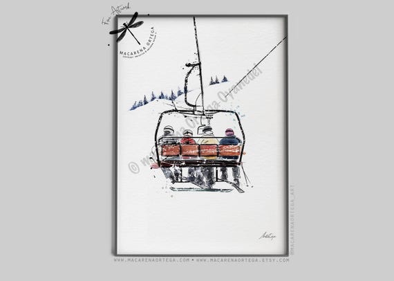 4 Friends in chairlift watercolor Skiers painting Ski lift art skis print snowboarder skiing ski resort apress ski art rustic ski decor