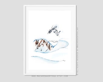 Snowboarder skier painting watercolor (Nº71) print Skiing skier Skiing art snowboard and mountain ski lovers skis print Sport Snowy (71)