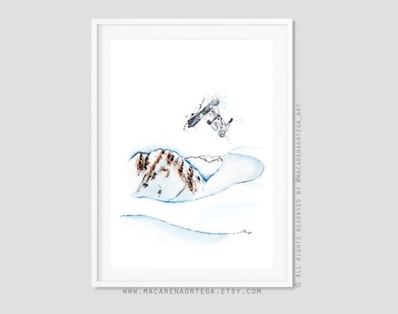 N71 | Jumping Snowboarder Watercolor Art Print | Freeride Skiing & Snowboard Mountain Print | Snow Sport Ski Lovers Decor | Snowboard Lovers
