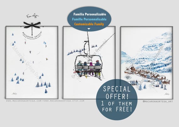 Custom Family Chairlift Ski Watercolor Art Prints Set of 3, 1 Free! Personalized Chairlift Portrait, Mountain Chalet Decor, Macarena Ortega