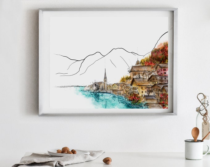 Hallstatt art print Austria painting art print Salzkammergut handmade poster Illustration art  print town sketch living room decor (030)