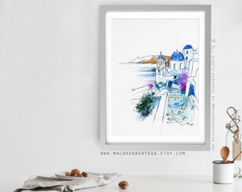 Santorini Art Print Santorini Blue domes Print Greek Island art print Greece Watercolor Painting art prints Sketching watercolor beach (027)