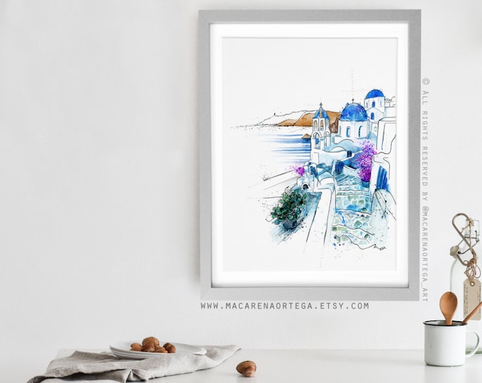 Santorini Art Print Santorini Blue domes Print Greek Island art print Greece Watercolor Painting art prints Sketching watercolor beach (027)