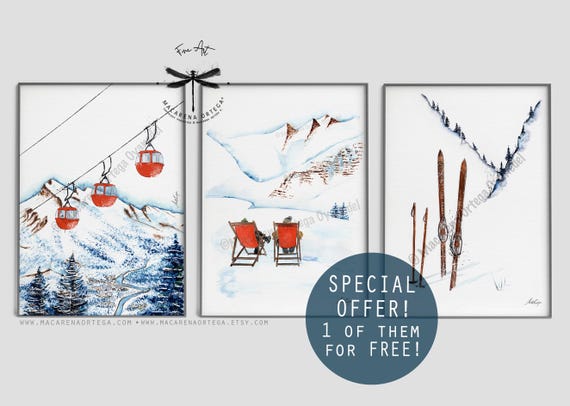Skiing Watercolor Fine Art Prints Set of 3 of them for 1 FREE! by Macarena Ortega, Mountain Winter Decor, Ski Wall Art | Christmas Gift