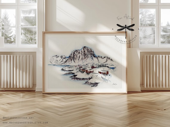 Lofoten Islands Watercolor Art Print | Moskenesøya Mountain Painting | Nordland Arctic Circle Snow Art | North Pole | Nordic Art Decor | N67