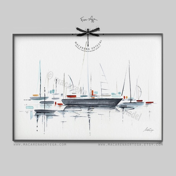 Sailboats in port Watercolor Art Print minimalist | Nautical Coastal Painting, Sailing Boat Artwork, Beach Decor Sea Ocean | Fine Art | N137