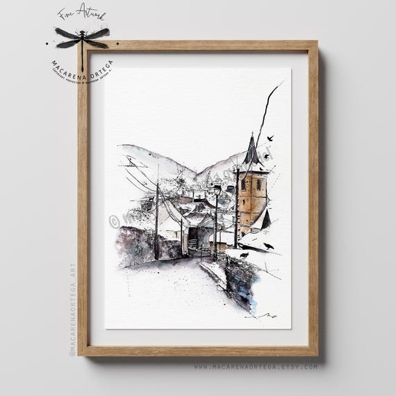 Es Bordes Watercolor Art Print | Valle de Aran Winter Town | Mountain Winter Village | Pirineos Winter Decor | by Macarena Ortega | N200