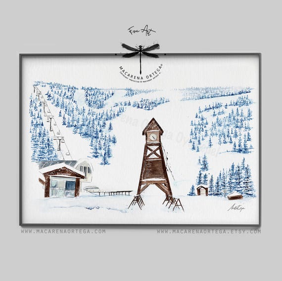 Schweitzer Mountain Resort Clock Tower Watercolor Art Print | Ski Village, Idaho Ski Decor, Ski Lovers | by Macarena Ortega | N29