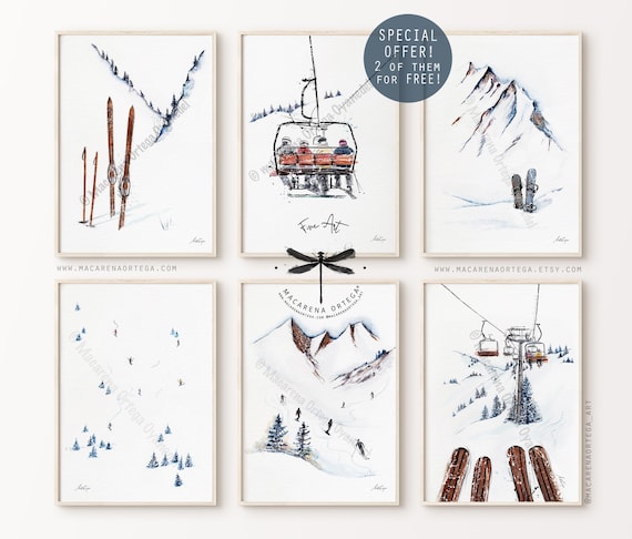 Nordic Ski Watercolor Set, Art Prints Set of 6, 2 Prints FREE, Winter Mountain Chalet Decor, by Macarena Ortega