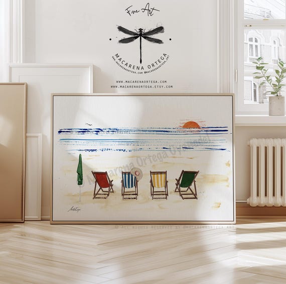 Colorful Deck Chairs by the Sea Watercolor Print | Beach Art, Summer Vibes, Coastal Decor | Summer Prints Decor | By Macarena Ortega | N148