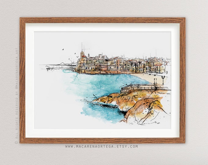 Sitges watercolor painting Sitges Spain art prints watercolor Spain coastal art print coastal decor mediterranean beach Art Print (034)