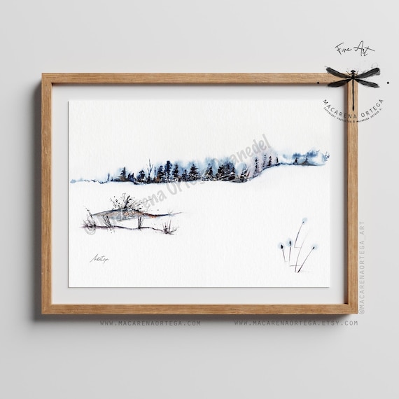 Winter Scene Watercolor Art Print | Snowy Landscape Painting | Snowy Forest Winter Nature Artwork | Snow Landscape Decor | Winter Art | N07