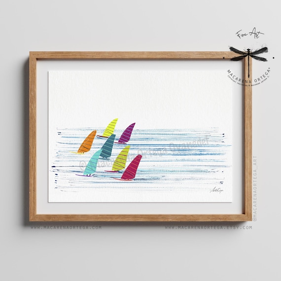 Windsurfers Watercolor Art Print | Water Sports Wall Art | Wind Surfing Poster Sea | Ocean Hobby Painting Art | by Macarena Ortega | N124
