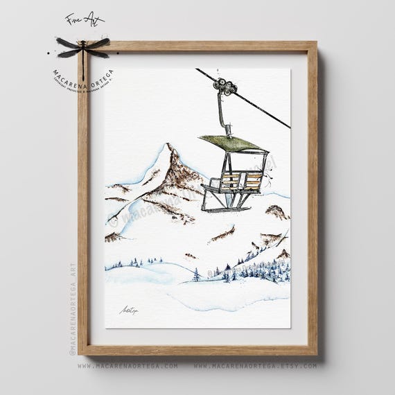 Vintage Gondola Lift Verbier Print | Old Ski Cabin Watercolor Art, Retro Alps Wall Art | Switzerland Ski Decor | by Macarena Ortega | N143