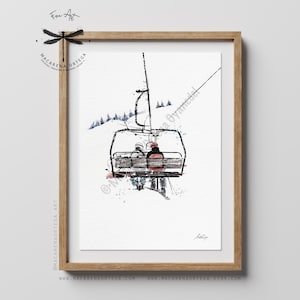 Skifahrer Paar im Sesselbahn Kunstdruck, Jubiläum oder Hochzeitsgeschenk | San Valentinstag, Liebe Drucke personalisierte Kunst