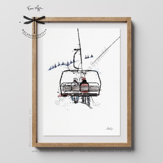 Couple of Skiers in Chairlift Watercolor Art Print, Skilift Anniversary or Wedding Gift | San Valentine Day, Love Prints Personalized Art