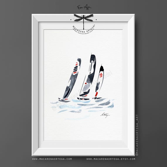Figaro Sailing Regatta Watercolor Art Print | Minimalist Sailboats, Nautical Wall Art, Ocean Racing | Macarena Ortega | N202