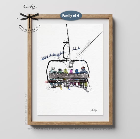 Family of 6 on Chairlift – Watercolor Ski Lift Art Print | Skiers and Snowboarders Artwork | Winter Sports Ski Resort Painting