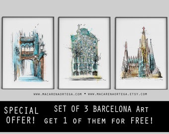 SET of 3 print of Barcelona 1 on them for free Casa Batlló Gaudí Print, Pont of Bisbe and Sagrada Familia Sketch watercolor Painting BCN