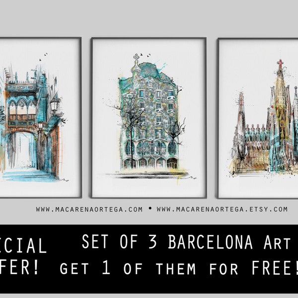 LOT de 3 estampes de Barcelone 1 imprimées gratuitement Impression de la Casa Batlló Gaudí, Pont de Bisbe et Sagrada Familia, aquarelle BCN