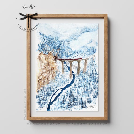 Glacier Express on Landwasser Viaduct Art | Swiss Alps Watercolor Print, Zermatt to St. Moritz Scenic Train Art | Travel Wall Art | N152