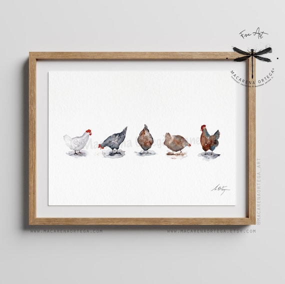 Five Hen Friends Watercolor Art Print | Kitchen wall art, Minimalist Farm Animal Cozy Home Decor, Rustic Style, Gift Idea for Grandma | N168
