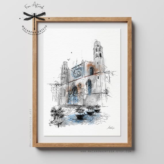 Santa Maria del Mar Watercolor Art Print | Barcelona Church Artwork, Painting, Saint Mary of the Sea Painting | by Macarena Ortega Art | N20