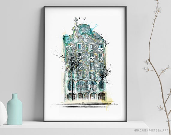 Casa Batlla Gaudi Druck Barcelona Skizze Von Batlla Gaudi Haus Etsy