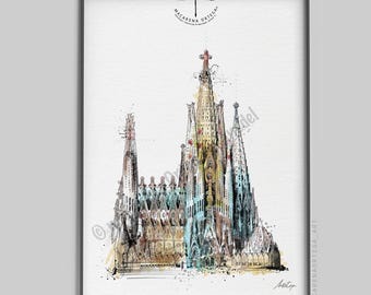 Sagrada Familia Architecture Sketch Art Print | Gaudí Barcelona Watercolor | Modernist Spain Wall Art | Travel Poster | European City | N161