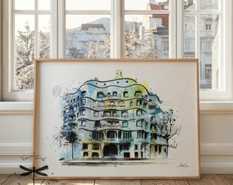 La Pedrera Art Print Casa Milà, Barcelona Watercolor Art Print | Gaudí Architecture Poster, Spain Travel Art | by Macarena Ortega | N105