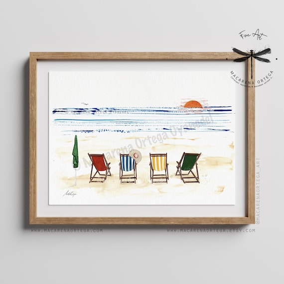 Colorful Deck Chairs by the Sea Watercolor Print | Beach Art, Summer Vibes, Coastal Decor | Summer Prints Decor | By Macarena Ortega | N148