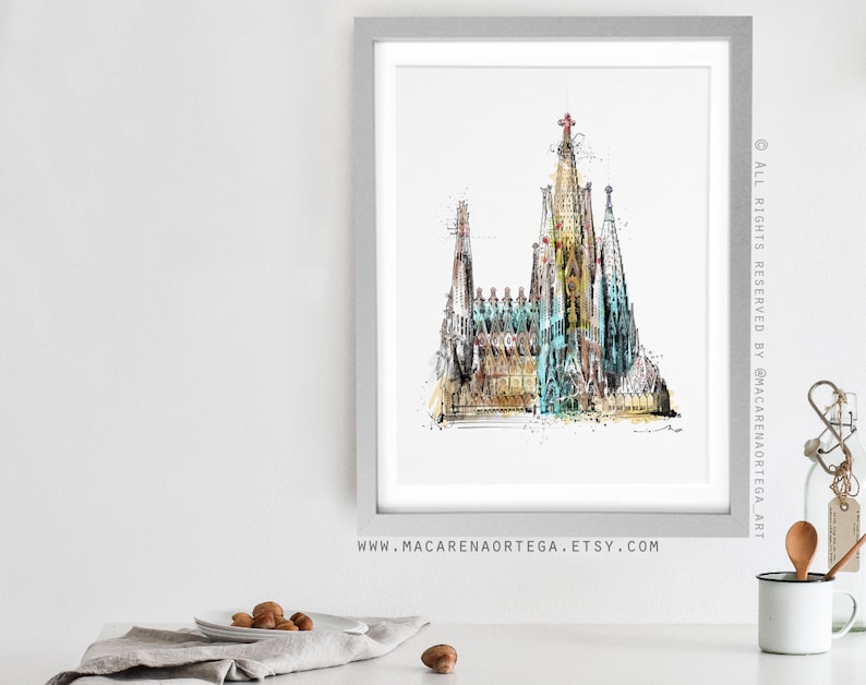 Sagrada Familia Painting Sketch Print Barcelona Painting Gaudí | Etsy